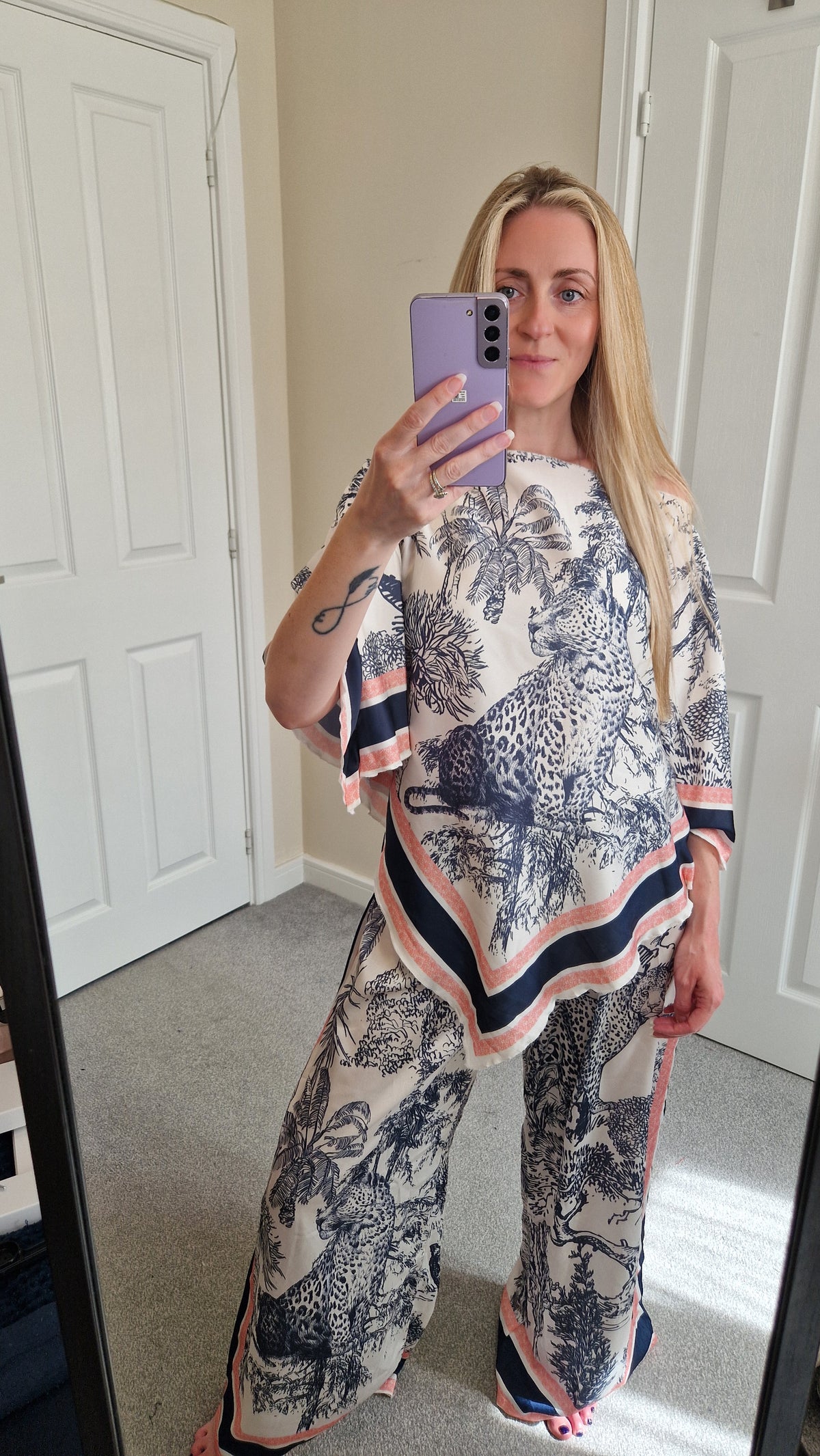 Nova Jungle Co-ord Set — jungle print poncho top and wide-leg trousers in navy, white and blush pink