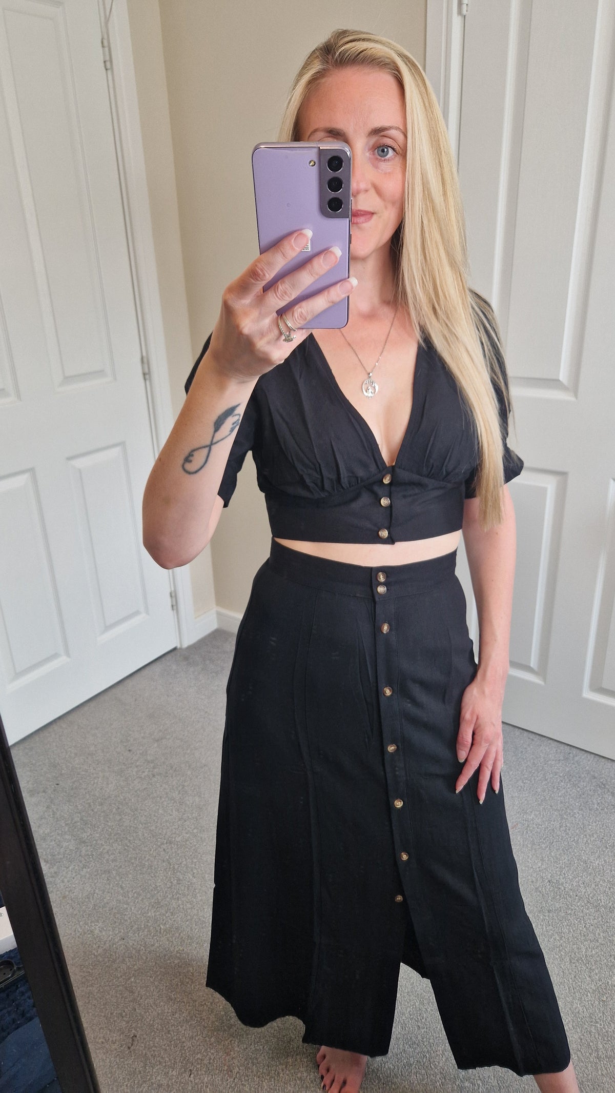 Luna Black Button Co-ord Set — black crop top and button-through midi skirt