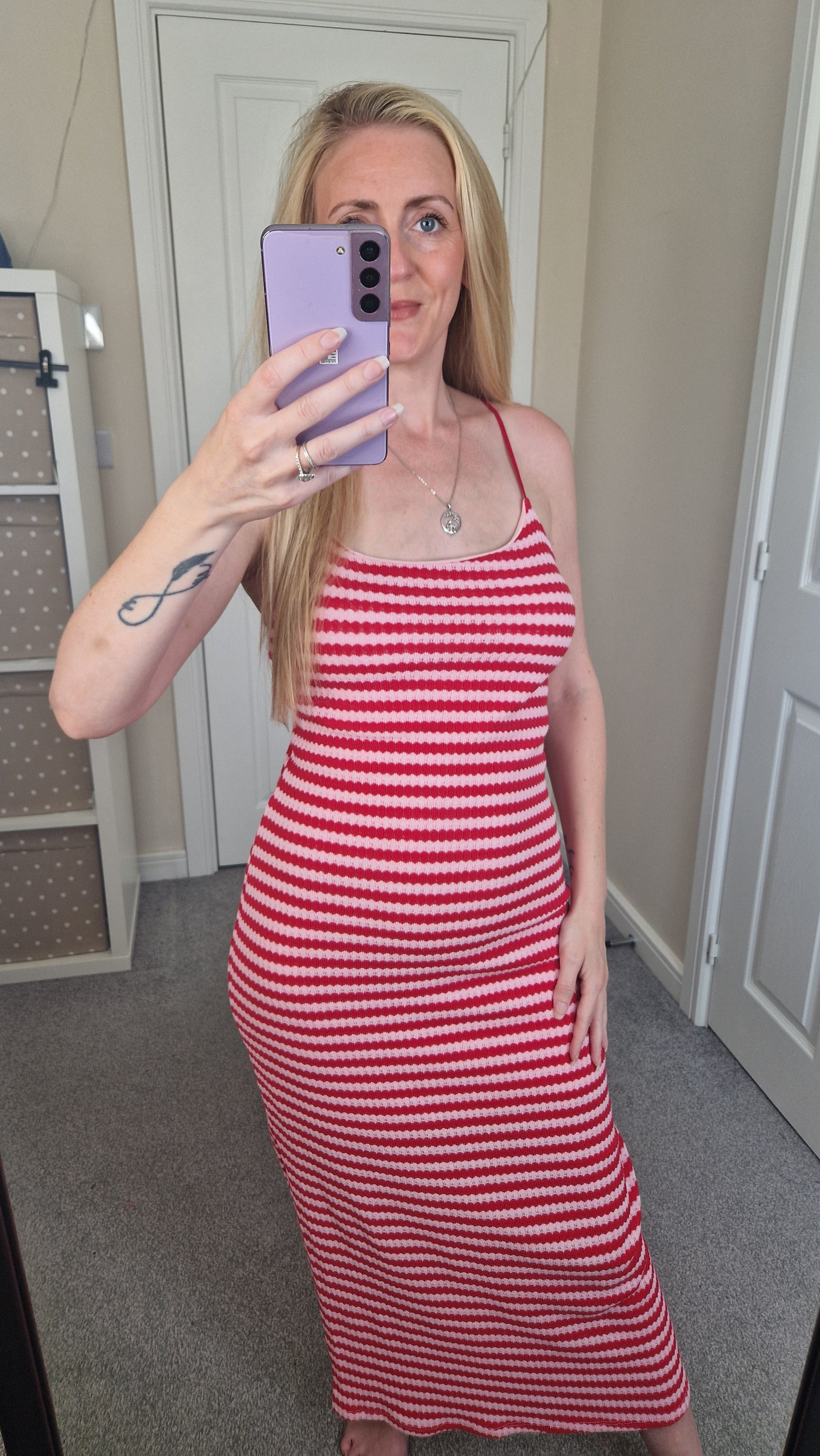 Rosie Red Stripe Knit Midi Dress — red and white horizontal stripe ribbed knit spaghetti strap midi dress