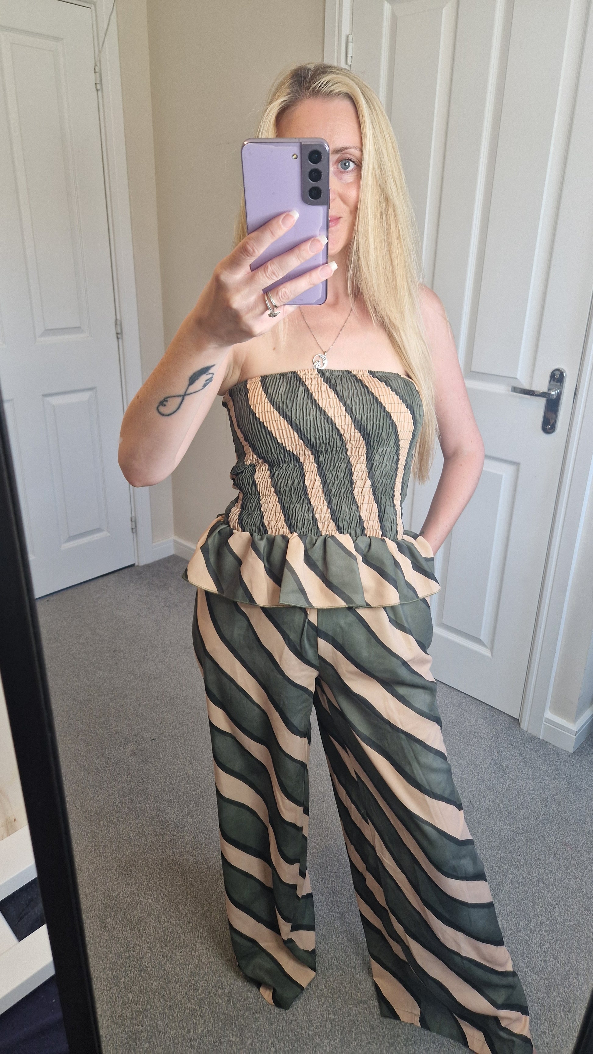 Zephyra Diagonal Stripe Bandeau Co-ord Set — forest green and sand diagonal stripe smocked bandeau top and wide-leg trousers