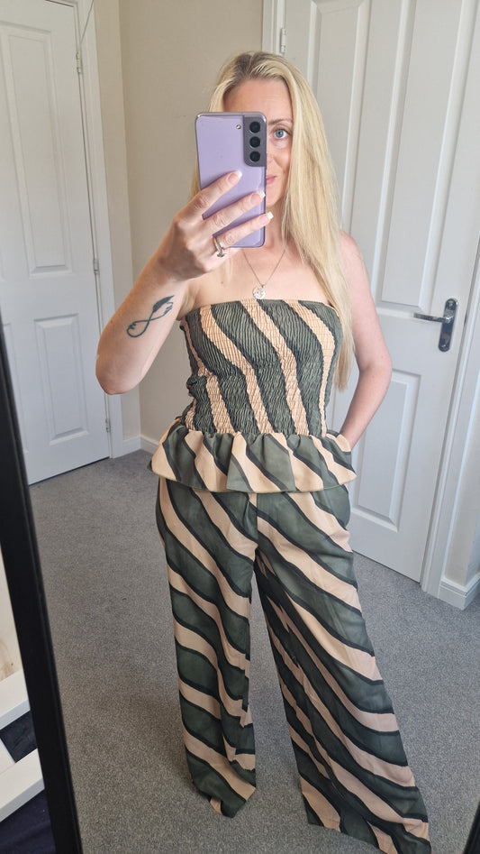 Zephyra Diagonal Stripe Bandeau Co-ord Set — forest green and sand diagonal stripe smocked bandeau top and wide-leg trousers