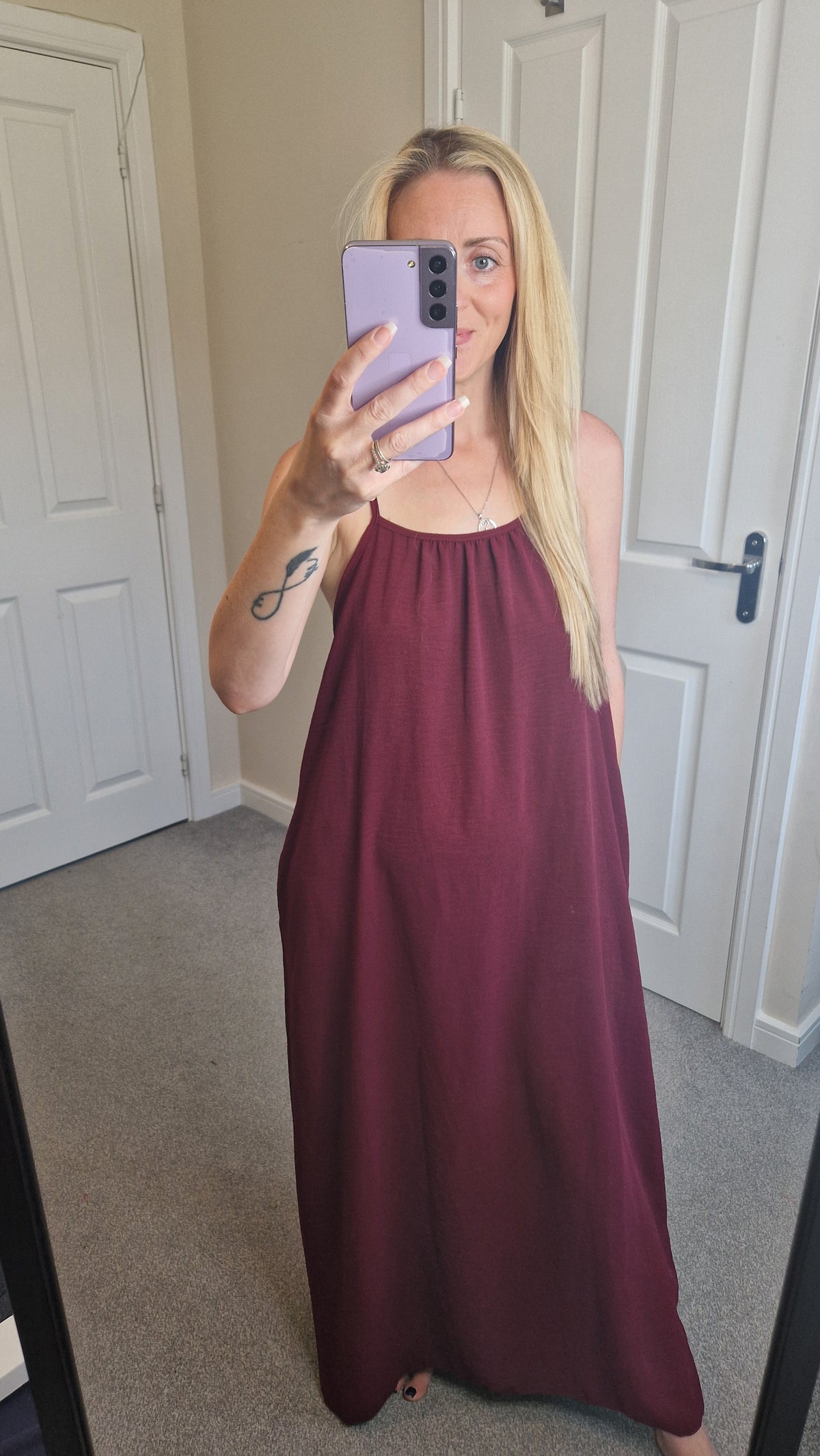 Evander Burgundy Maxi Dress — rich burgundy floaty spaghetti strap full-length maxi dress