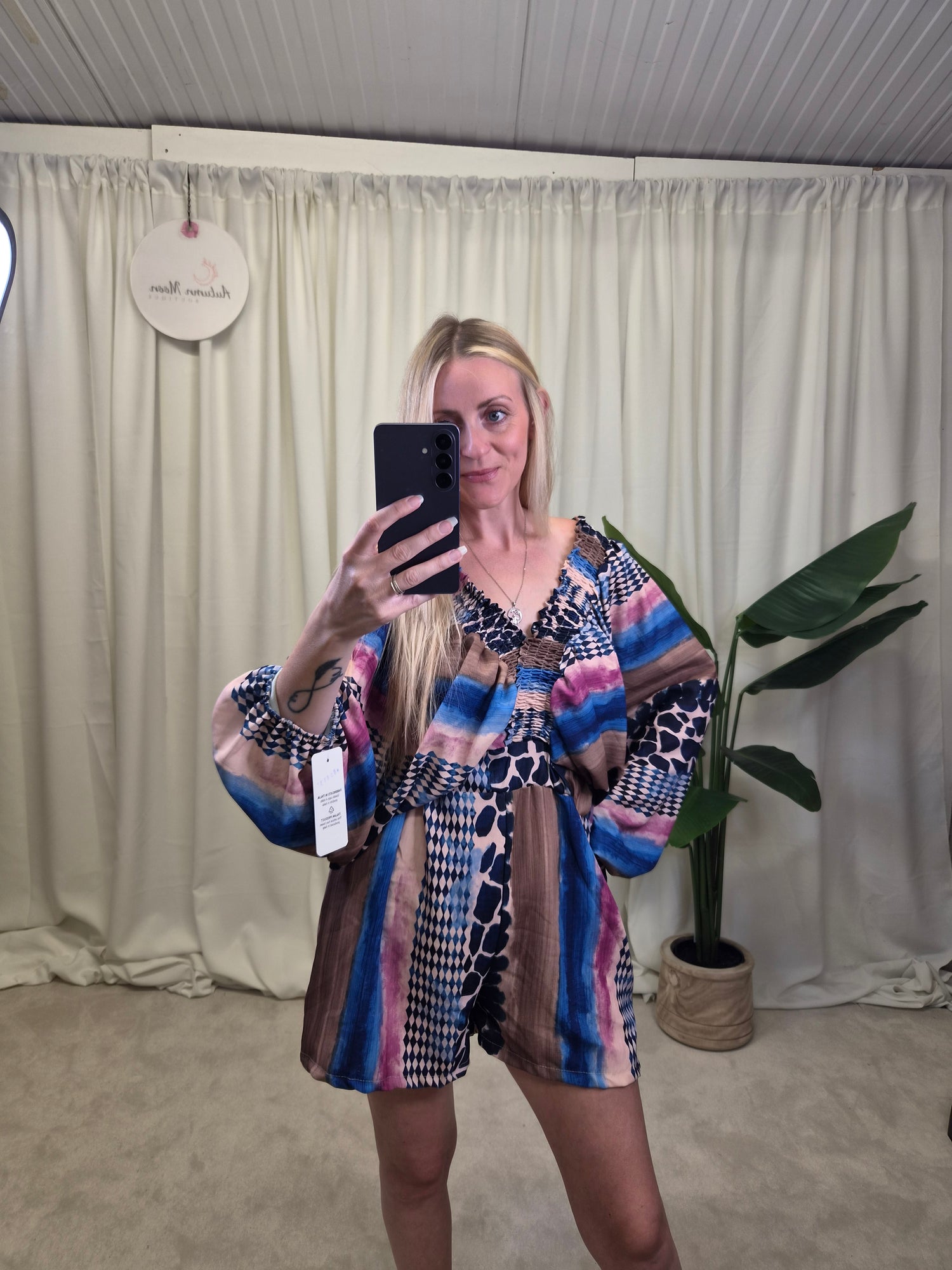 Pegasus Mixed Print Balloon Sleeve Playsuit — mixed animal, houndstooth and stripe print playsuit with balloon sleeves