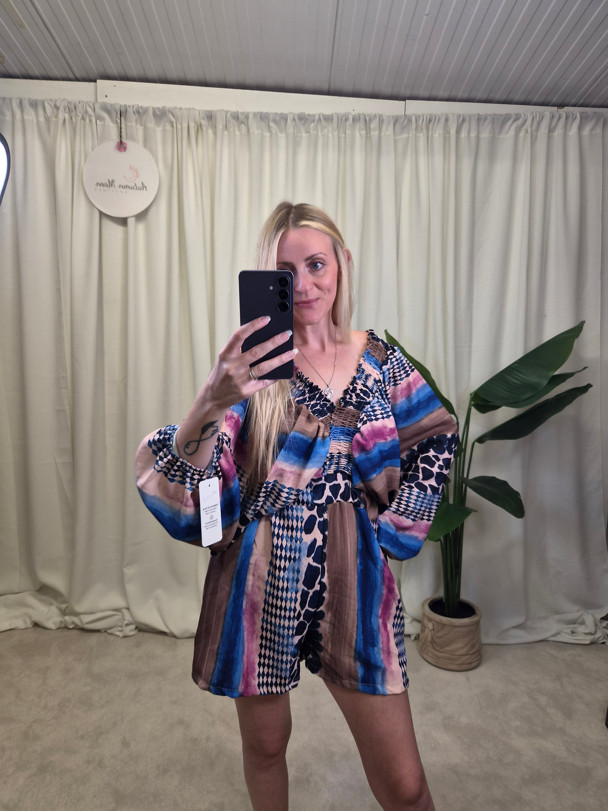 Pegasus Mixed Print Balloon Sleeve Playsuit — mixed animal, houndstooth and stripe print playsuit with balloon sleeves