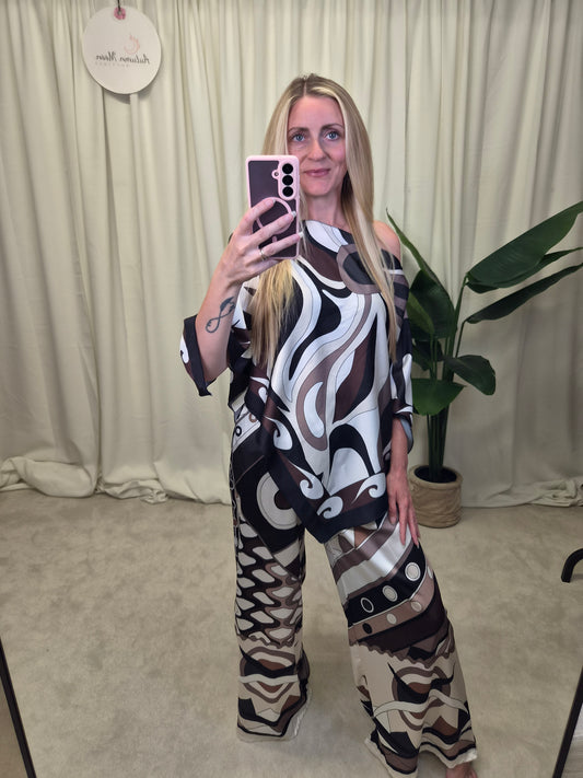 Jupiter Two-Piece Silkyfeel Poncho Set — black white and taupe abstract swirl print oversized poncho top and wide-leg trousers